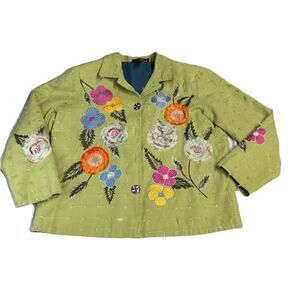 ALEX KIM Wearable Art Jacket Women’s PM Embroidery Embellished Floral Lime Green